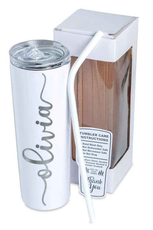 Personalized 20oz Slim Tumbler l Reusable Straw & Lid l Laser Engraved l Gift Box l For Him l For Her l Mom l Dad l Skinny Tumbler