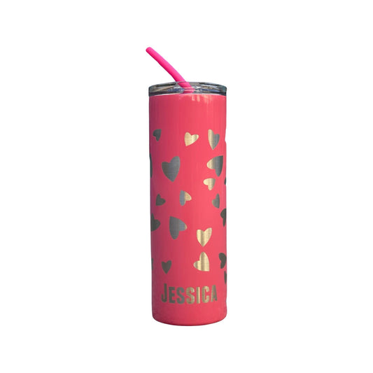 Personalized 20oz Slim Tumbler with Love Hearts l Reusable Straw & Lid l Laser Engraved l Gift Box l Skinny Tumbler l Mother's Day